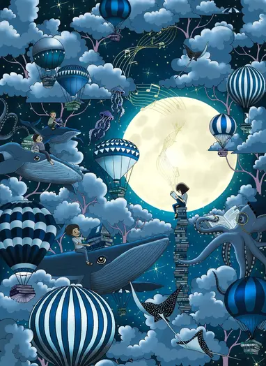 Illustration av Hue Huynh. En tecknad bild över ett sagolikt landskap i blåa toner, med en himmel och en stor måne. Ett barn sitter och läser på ett högt torn av böcker. På himlen finns även moln, luftballonger, en val, bläckfisk och maneter.